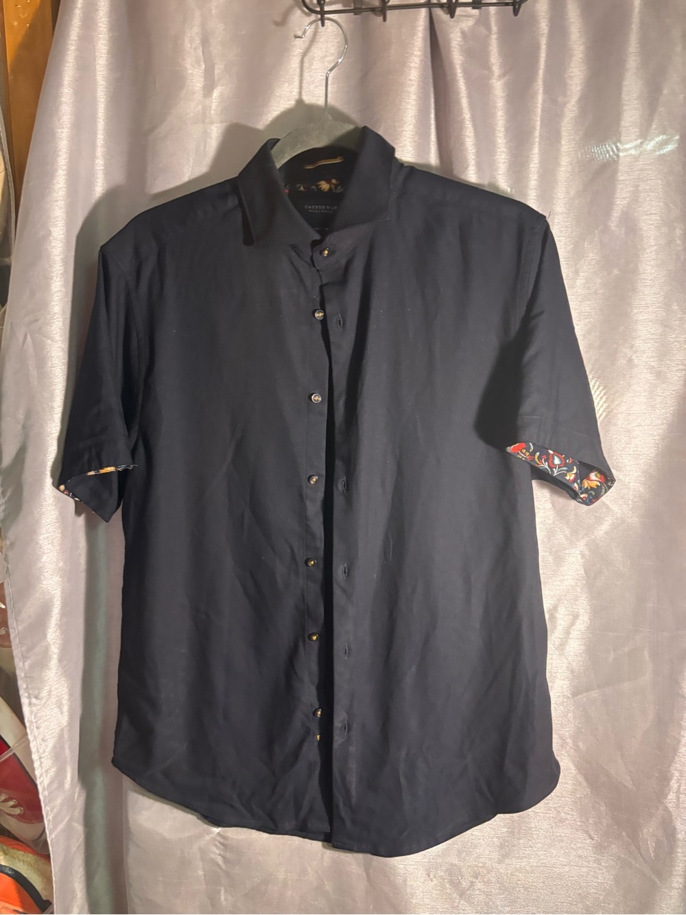 Cactus Navy Short-Sleeve Casual Button Down Shirt with Patterned Cuff